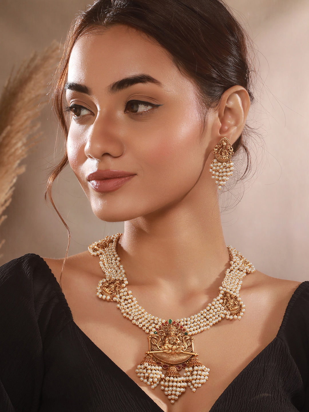 Gold Plated Pearl Beaded Haram Temple Lakshmiji Pendant Jewellery Set